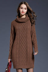 Full Size Mixed Knit Cowl Neck Dropped Shoulder Sweater Dress - Flyclothing LLC