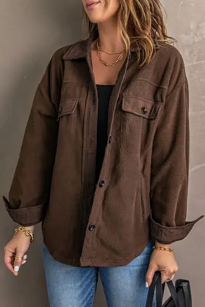 Button Up Collared Neck Long Sleeve Jacket - Trendsi - Flyclothing LLC