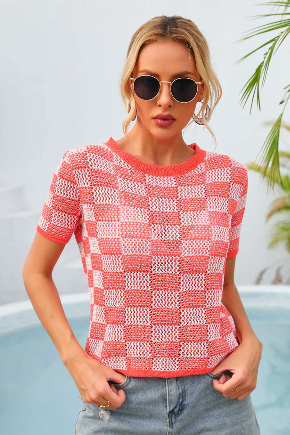 Checkered Short Sleeve Knit Top - Trendsi