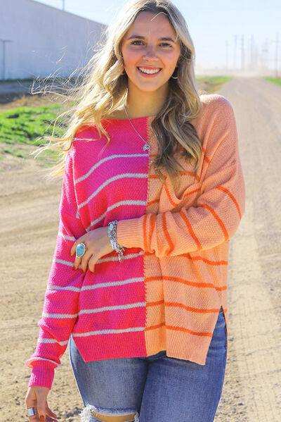 Striped Pocketed Dropper Shoulder Sweater - Trendsi - Flyclothing LLC