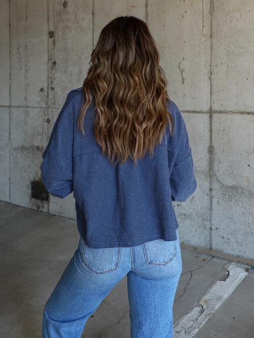 Ribbed Collared Neck Button Up Jacket - Trendsi