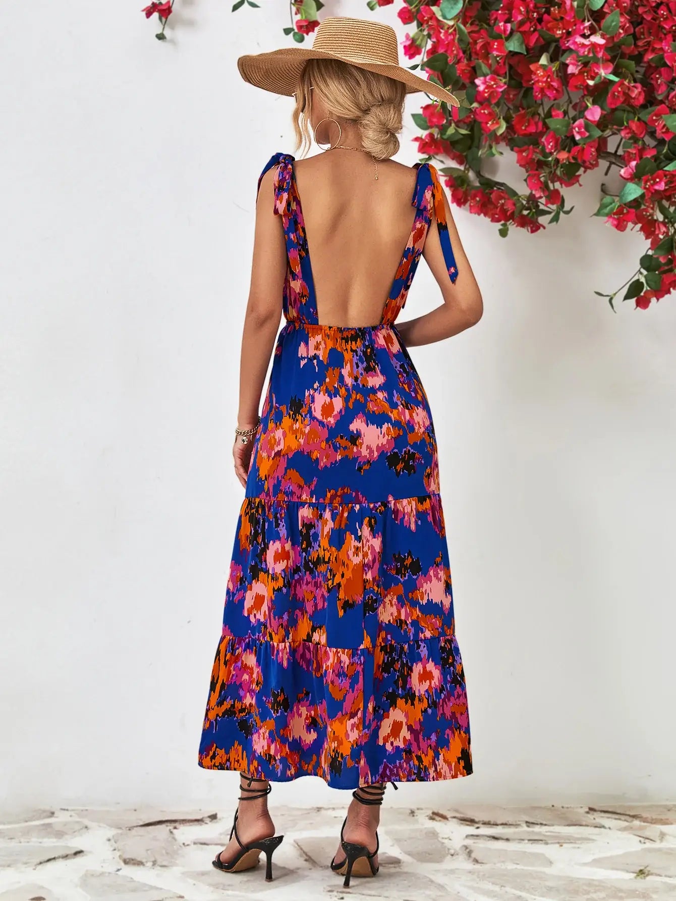Multicolored V-Neck Backless Midi Dress - Trendsi - Flyclothing LLC