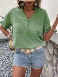 Buttoned Notched Neck Cuffed Sleeve Blouse - Trendsi - Flyclothing LLC