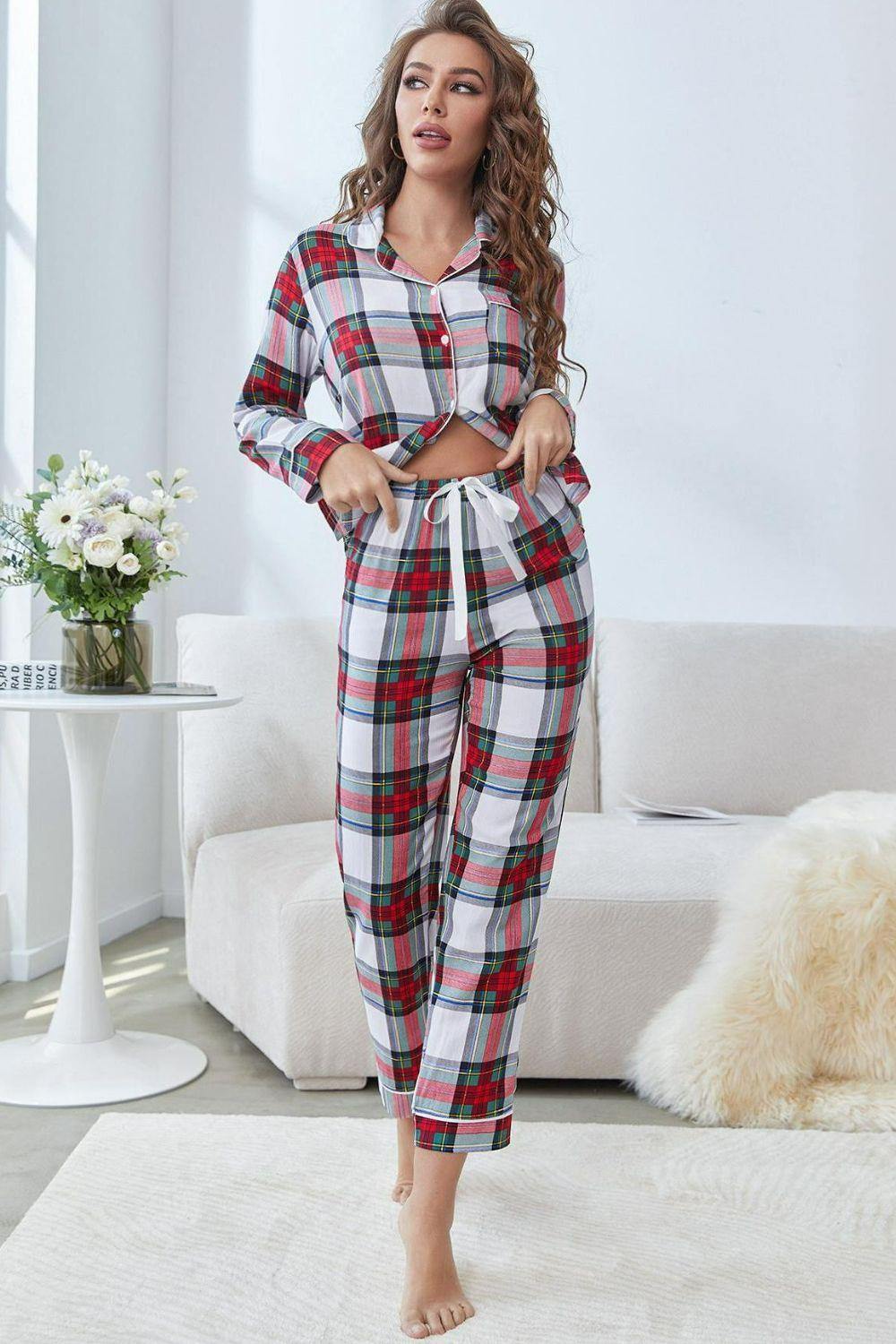 Plaid Button Front Top and Pants Lounge Set - Trendsi