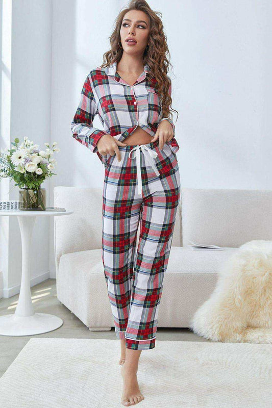 Plaid Button Front Top and Pants Lounge Set - Trendsi - Flyclothing LLC