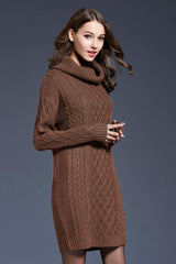 Full Size Mixed Knit Cowl Neck Dropped Shoulder Sweater Dress - Trendsi