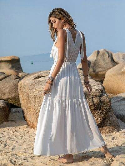 V-Neck Tie Shoulder Crochet Maxi Dress - Trendsi - Flyclothing LLC