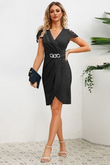 Ruched Surplice Cap Sleeve Mini Dress - Trendsi