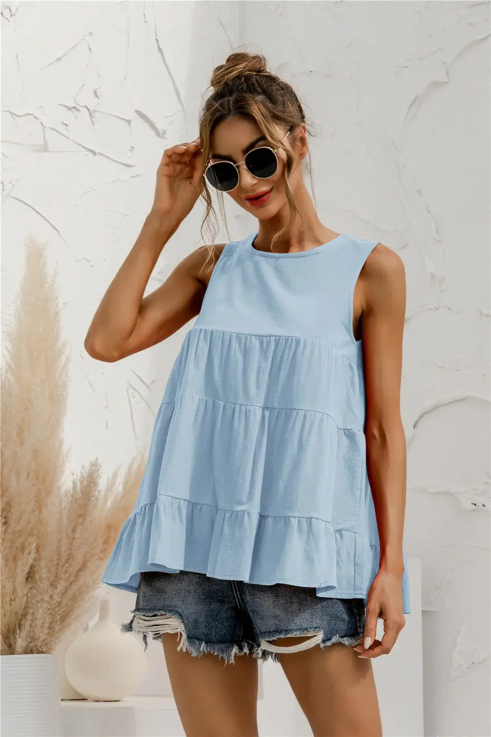 Round Neck Tiered Tank - Trendsi - Flyclothing LLC