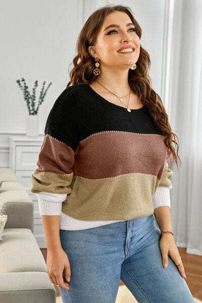Plus Size Color Block Round Neck Sweater - Trendsi - Flyclothing LLC