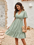 Swiss Dot V-Neck Openwork Puff Sleeve Dress - Trendsi - Flyclothing LLC
