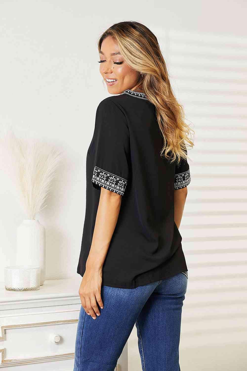 Double Take Embroidered Notched Neck Top - Trendsi - Flyclothing LLC