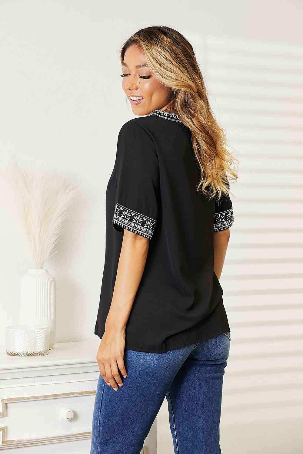 Double Take Embroidered Notched Neck Top - Trendsi - Flyclothing LLC