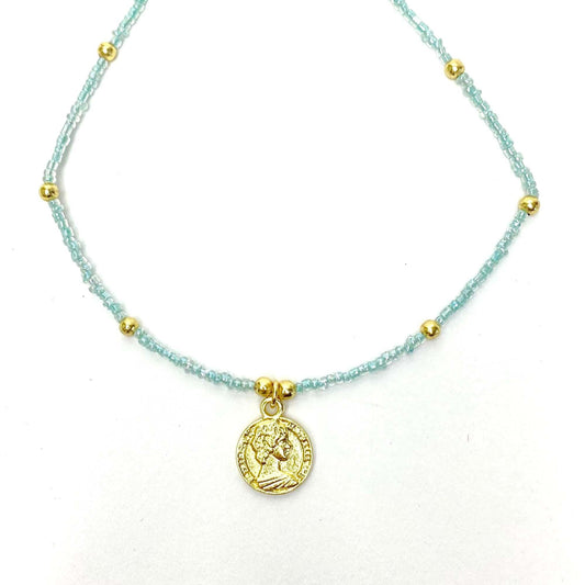 Baby blue Glass Bead Choker with Brass Coin Pendant - Flyclothing LLC