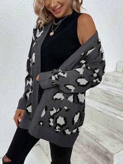 Leopard Open Front Dropped Shoulder Cardigan - Trendsi - Flyclothing LLC