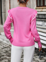 Round Neck Ruffle Trim Long Sleeve Pullover Sweater - Trendsi - Flyclothing LLC