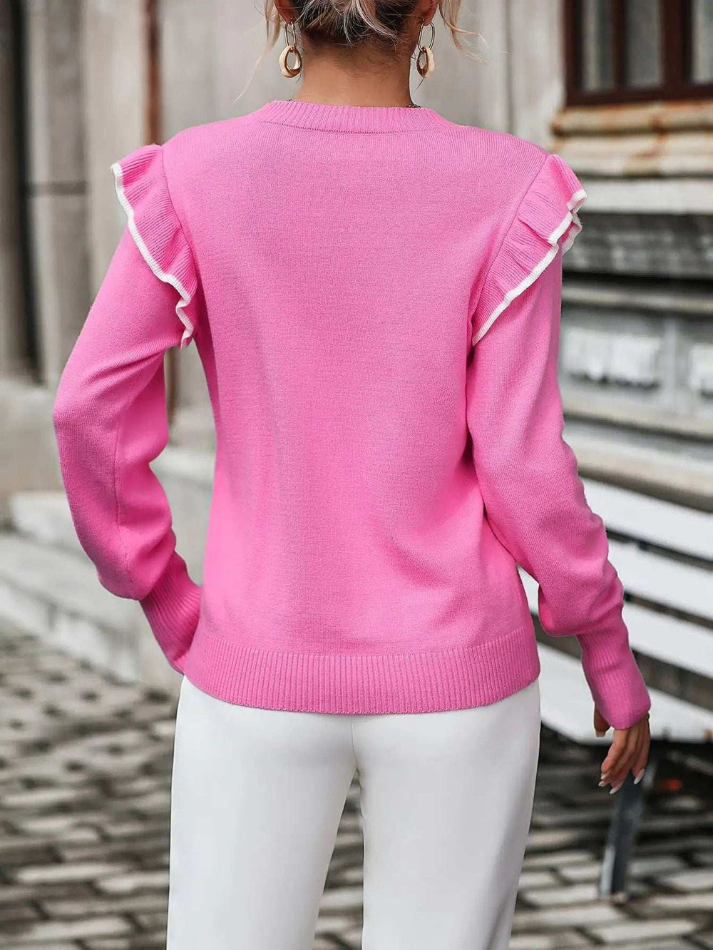 Round Neck Ruffle Trim Long Sleeve Pullover Sweater - Trendsi - Flyclothing LLC