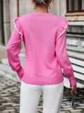 Round Neck Ruffle Trim Long Sleeve Pullover Sweater - Trendsi
