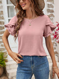 Textured Petal Sleeve Round Neck Tee - Trendsi - Flyclothing LLC