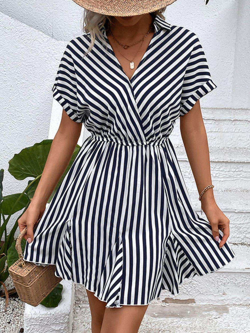 Striped Johnny Collar Mini Dress - Trendsi - Flyclothing LLC