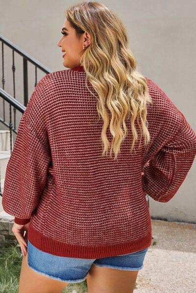 Plus Size Waffle-Knit Round Neck Dropped Shoulder Sweater - Trendsi - Flyclothing LLC