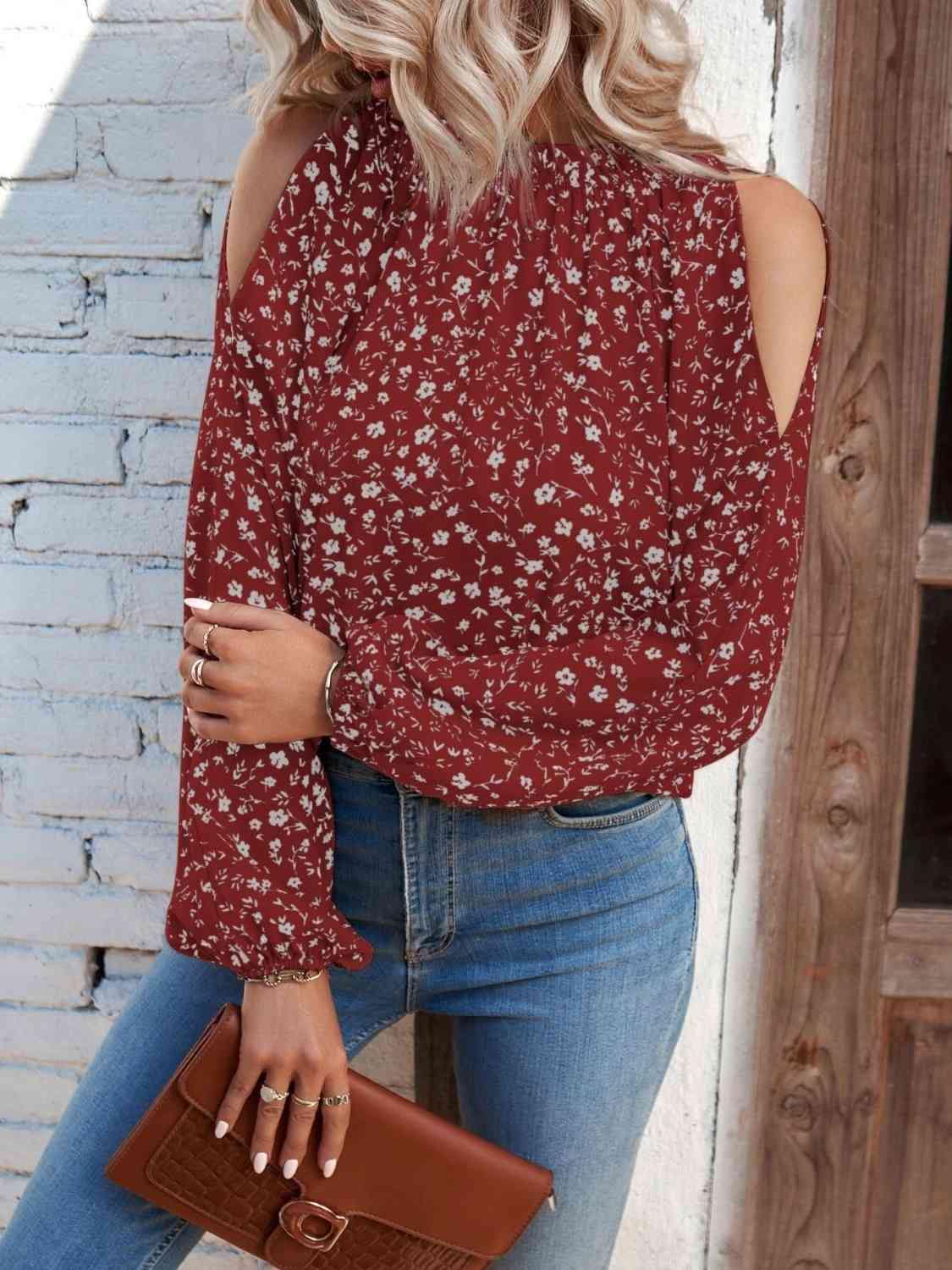 Floral Cold-Shoulder Blouse - Trendsi