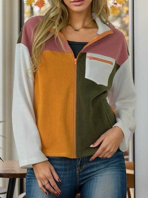Color Block Zip-Up Long Sleeve Jacket - Trendsi