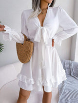 Tie Front Smocked Waist Flounce Sleeve Dress - Trendsi - Flyclothing LLC