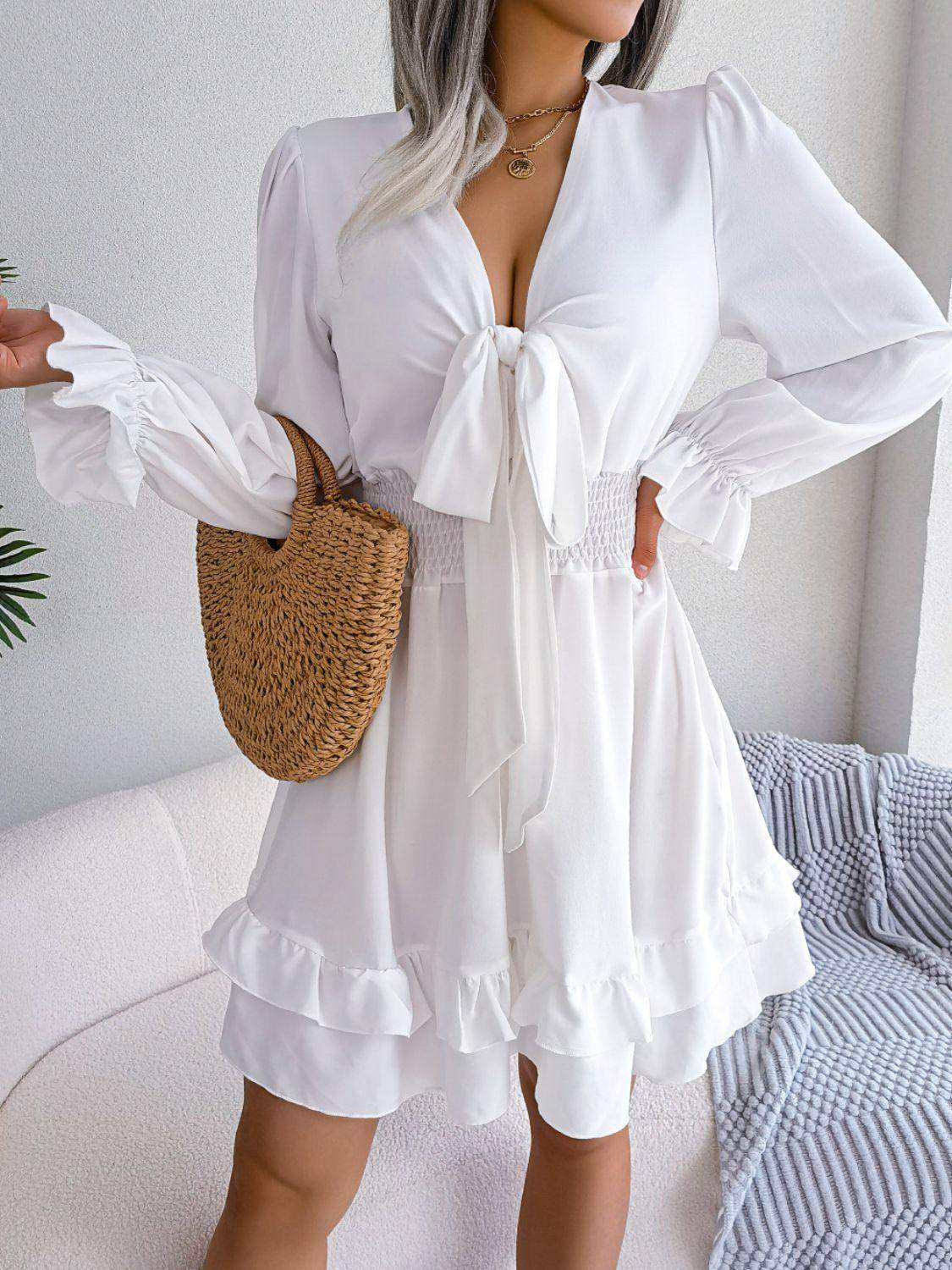 Tie Front Smocked Waist Flounce Sleeve Dress - Trendsi - Flyclothing LLC