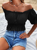 Off-Shoulder Frill Trim Peplum Top - Trendsi - Flyclothing LLC