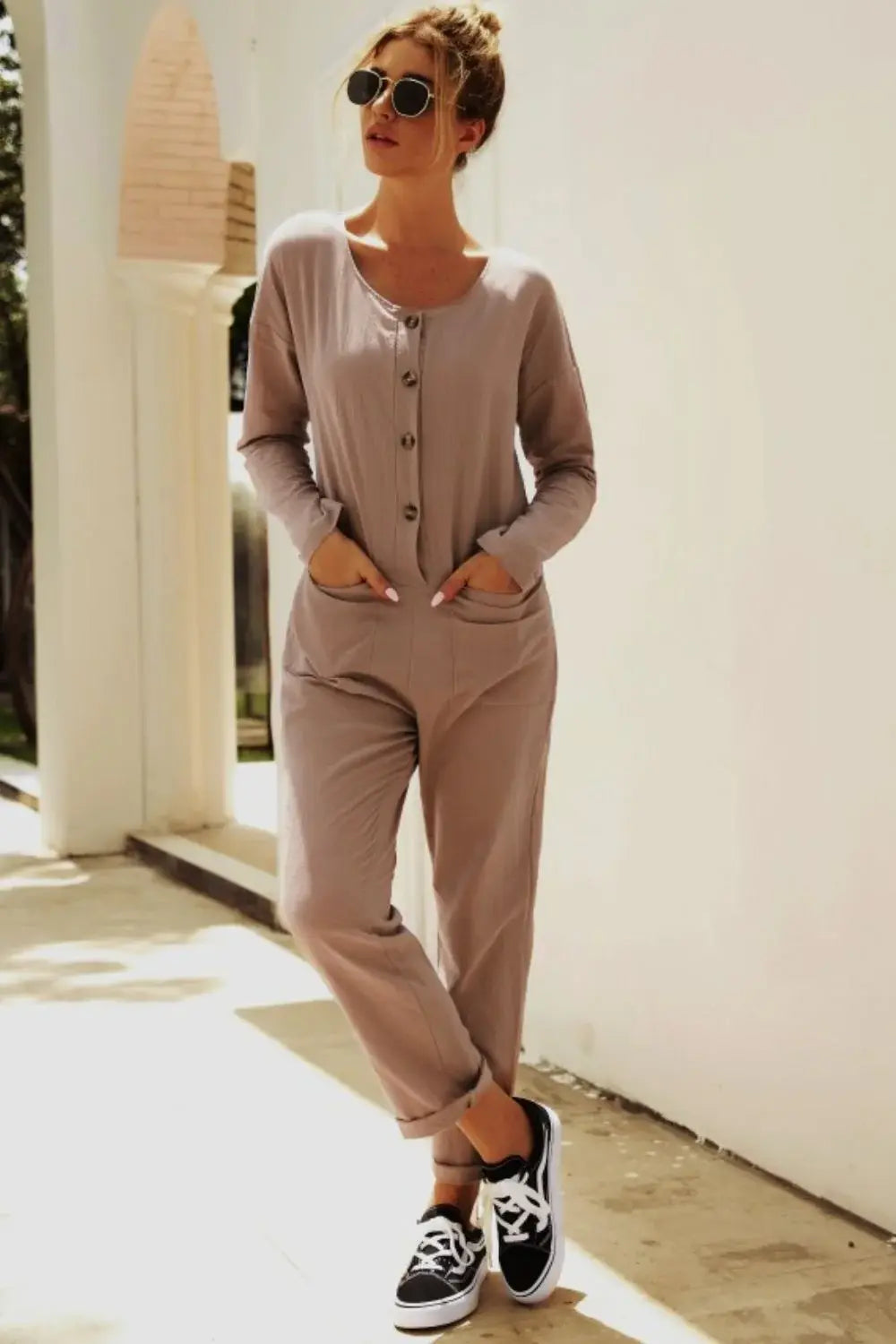 Buttoned Drop Shoulder Pocket Jumpsuit - Trendsi - Flyclothing LLC