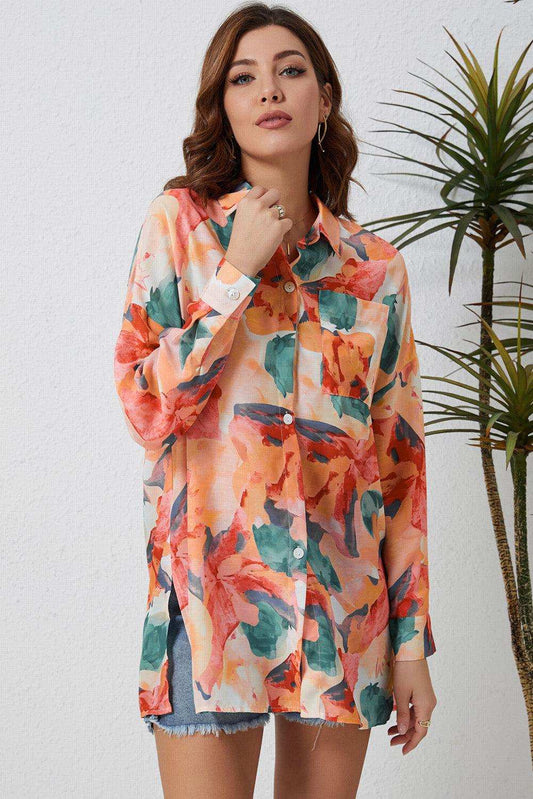 Floral Long Sleeve Slit Longline Shirt - Trendsi - Flyclothing LLC