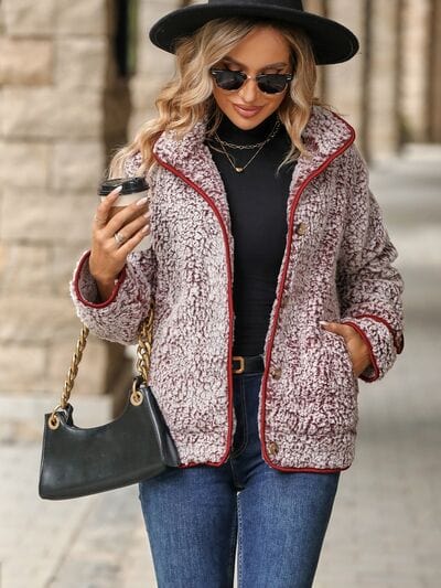Fuzzy Pocketed Button Up Jacket - Trendsi