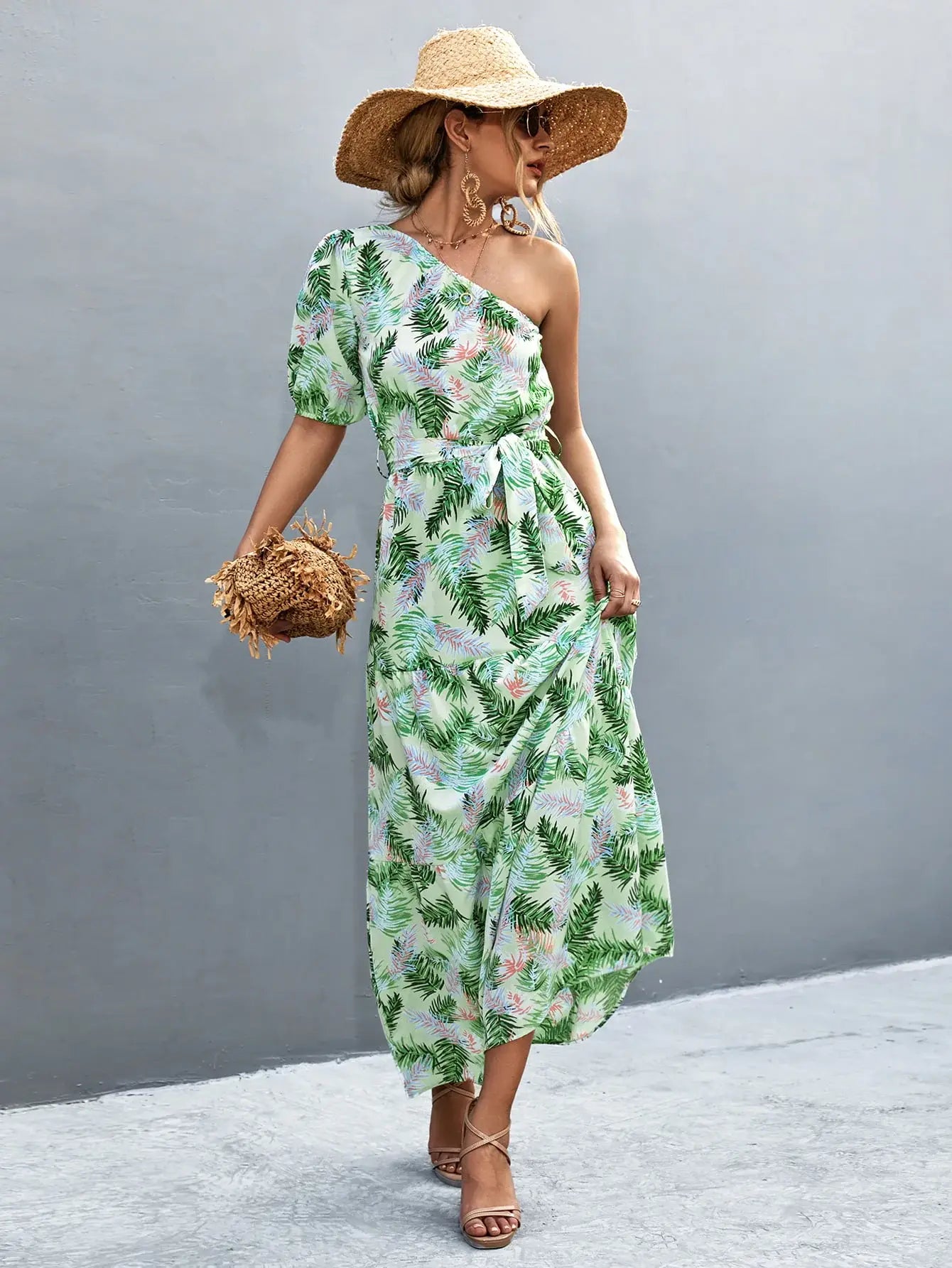 Printed Tie Waist One Shoulder Maxi Dress - Trendsi - Flyclothing LLC