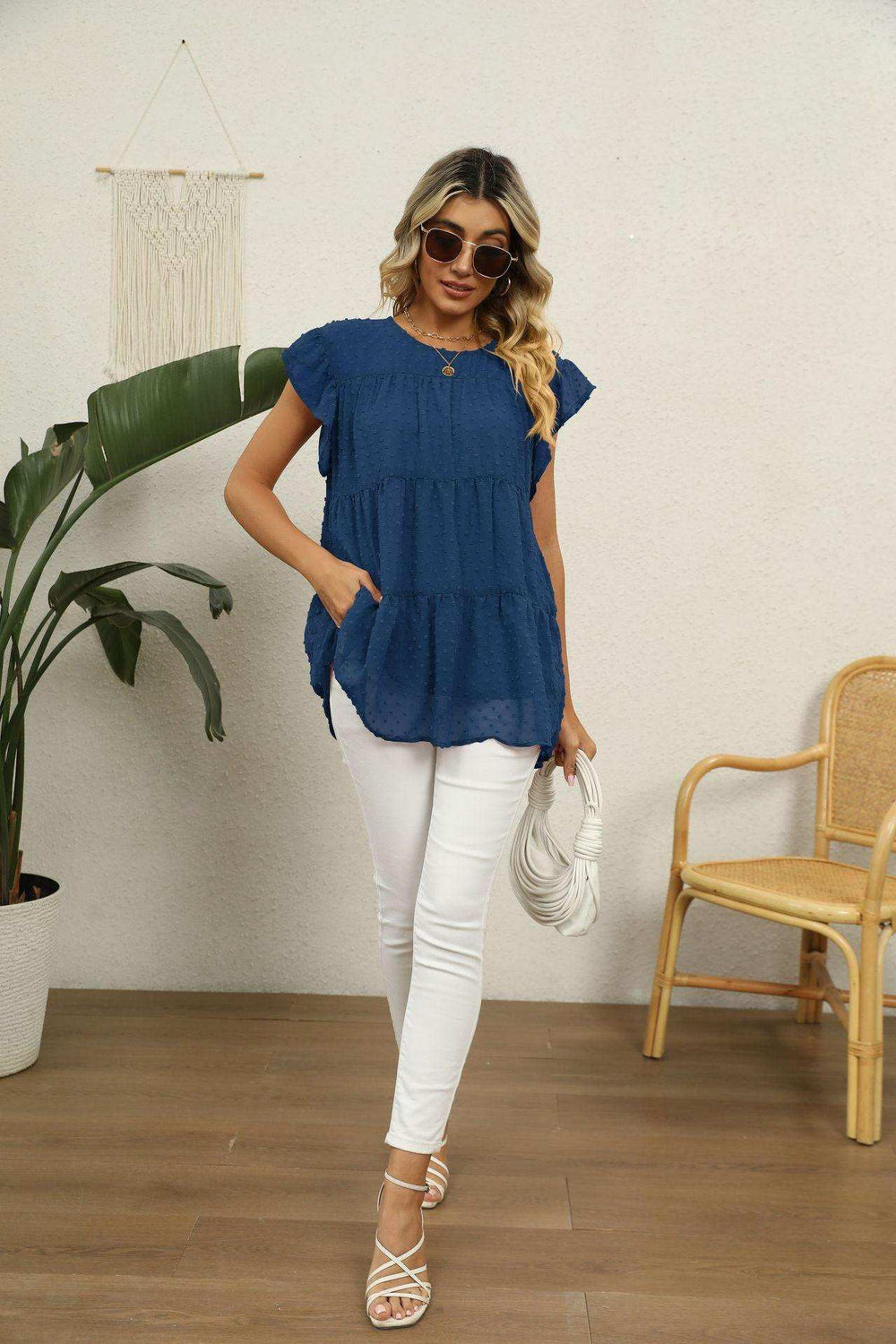 Swiss Dot Round Neck Tiered Blouse - Trendsi - Flyclothing LLC