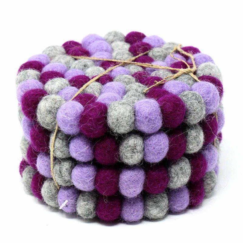 Hand Crafted Felt Ball Coasters from Nepal: 4-pack, Chakra Purples - Global Groove (T) - Flyclothing LLC