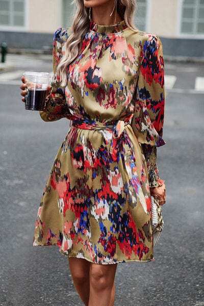 Printed Tie Waist Mock Neck Lantern Sleeve Dress - Trendsi - Flyclothing LLC