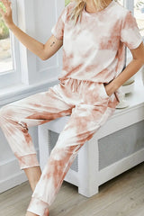 Tie-Dye Round Neck Short Sleeve Top and Pants Lounge Set - Trendsi - Flyclothing LLC