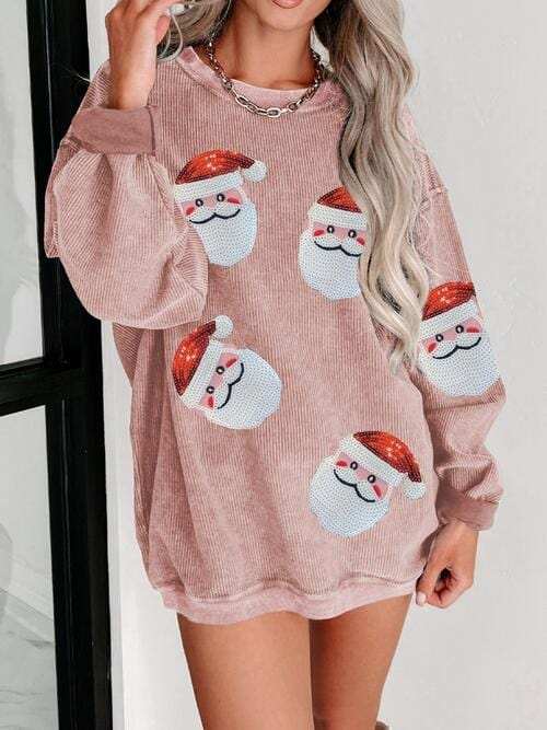 Sequin Santa Patch Ribbed Sweatshirt - Trendsi - Flyclothing LLC