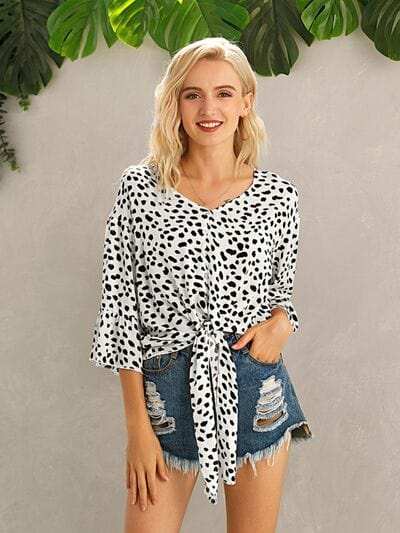 Tied Printed Button Up V-Neck Blouse - Trendsi - Flyclothing LLC
