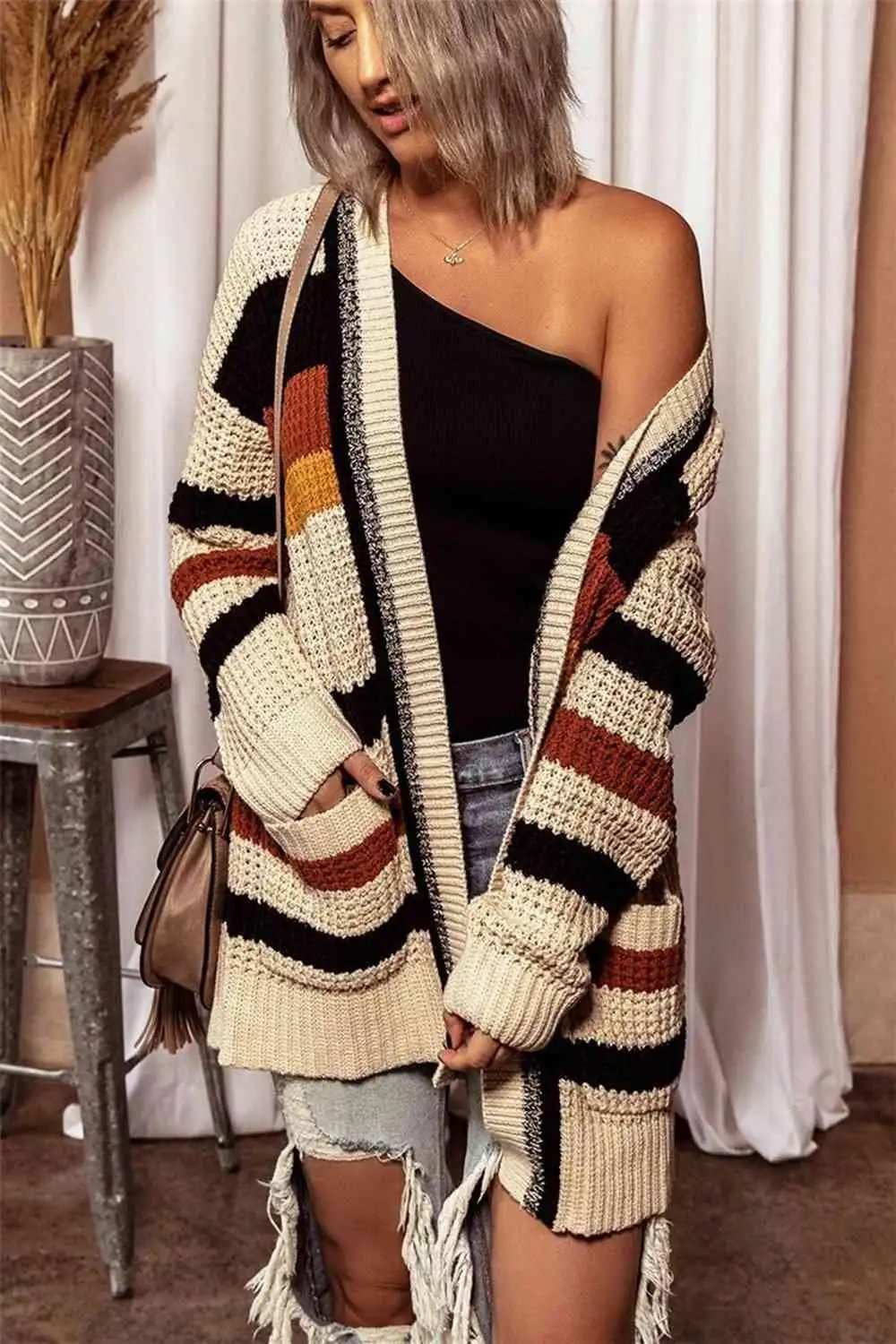 Striped Open Front Longline Cardigan - Trendsi - Flyclothing LLC