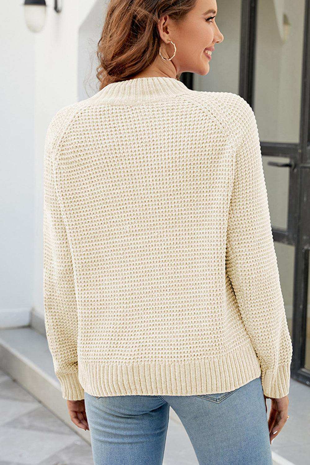 Waffle-Knit Round Neck Reglan Sleeve Sweater - Trendsi - Flyclothing LLC