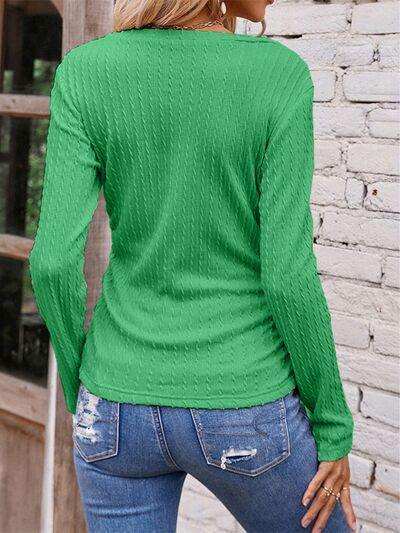 Textured Ruched V-Neck Long Sleeve T-Shirt - Trendsi - Flyclothing LLC