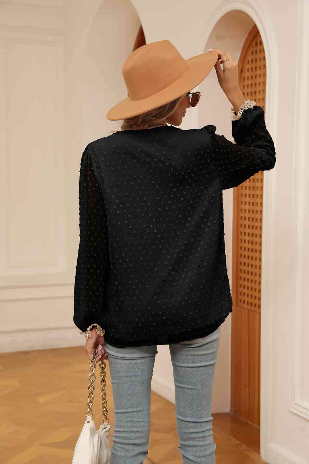 Swiss Dot Contrast V-Neck Blouse - Trendsi - Flyclothing LLC