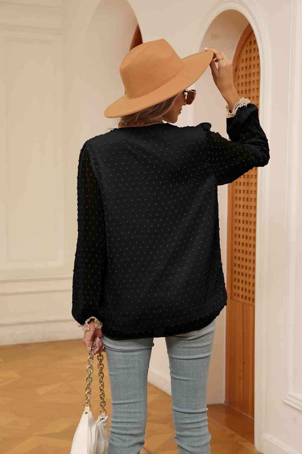 Swiss Dot Contrast V-Neck Blouse - Trendsi - Flyclothing LLC