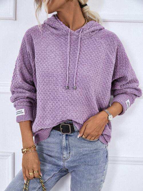 Texture Drawstring Long Sleeve Hooded Sweater - Trendsi - Flyclothing LLC