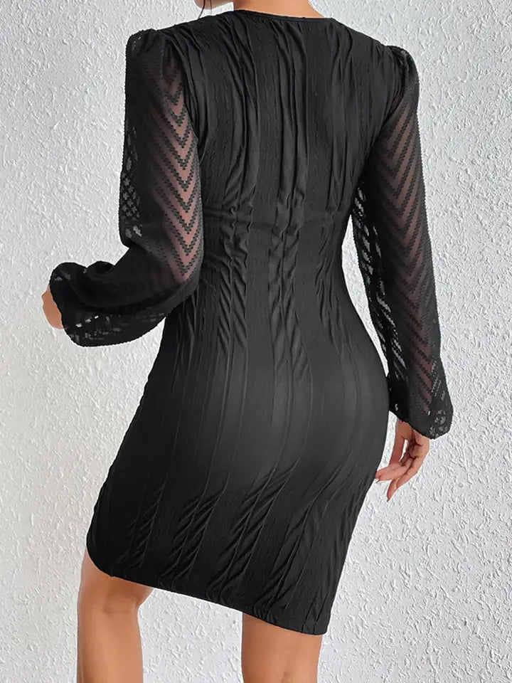 Round Neck Puff Sleeve Tulip Hem Mini Dress - Trendsi - Flyclothing LLC