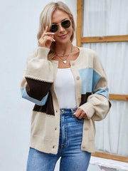 Color Block Button Up Lantern Sleeve Cardigan - Trendsi
