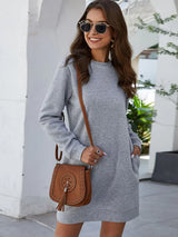 Round Neck Long Sleeve Mini Dress with Pockets - Trendsi - Flyclothing LLC