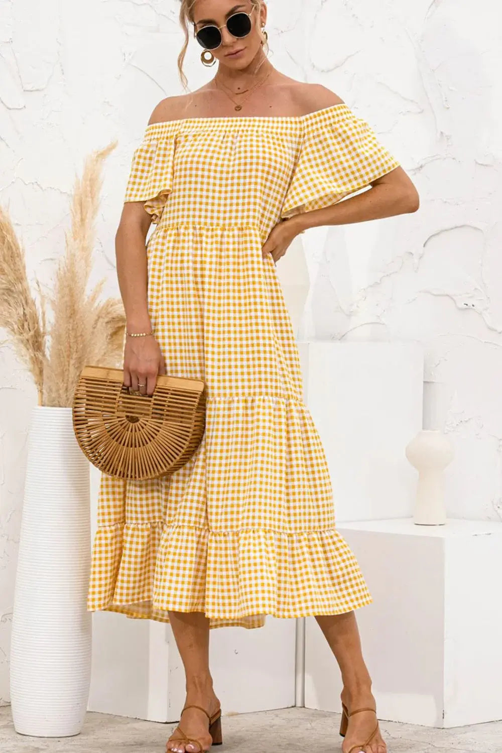 Plaid Off-Shoulder Tiered Midi Dress - Trendsi - Flyclothing LLC